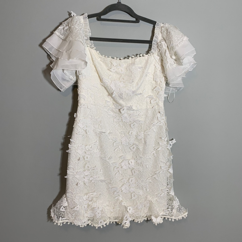 Two Sisters The Label White‎ Lace Mini Dress Bridal Square Neck Ruffle Sleeve